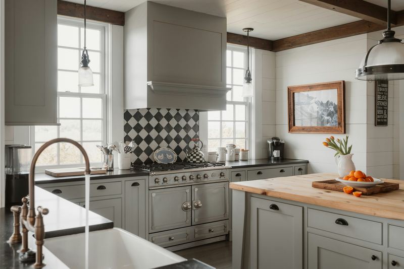 A gray farmhouse kitchen with a wood-top island