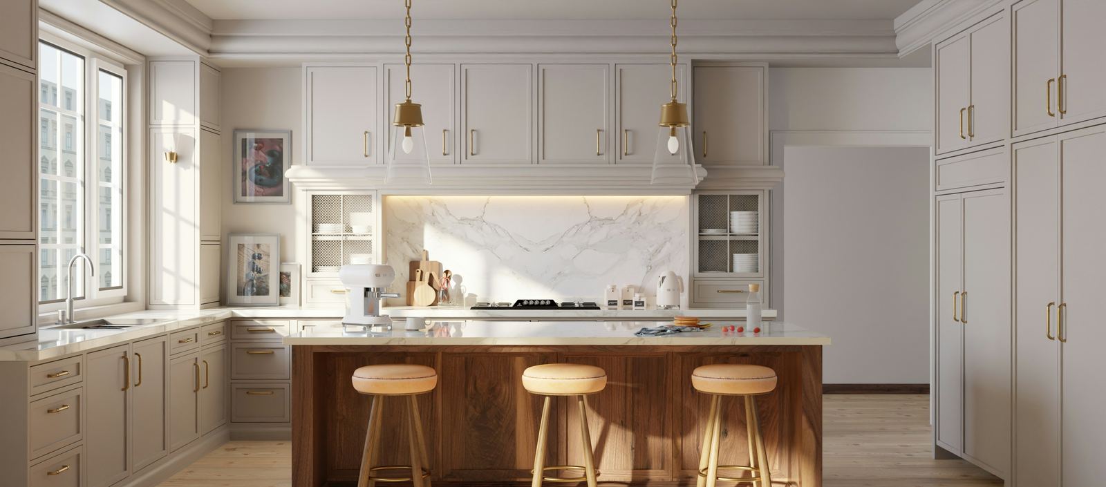 A white Shaker kitchen with a wood island