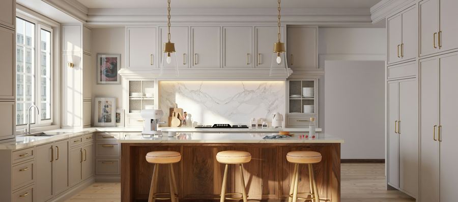 A white Shaker kitchen with a wood island