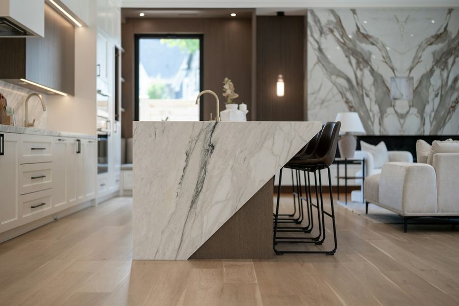A marble waterfall island