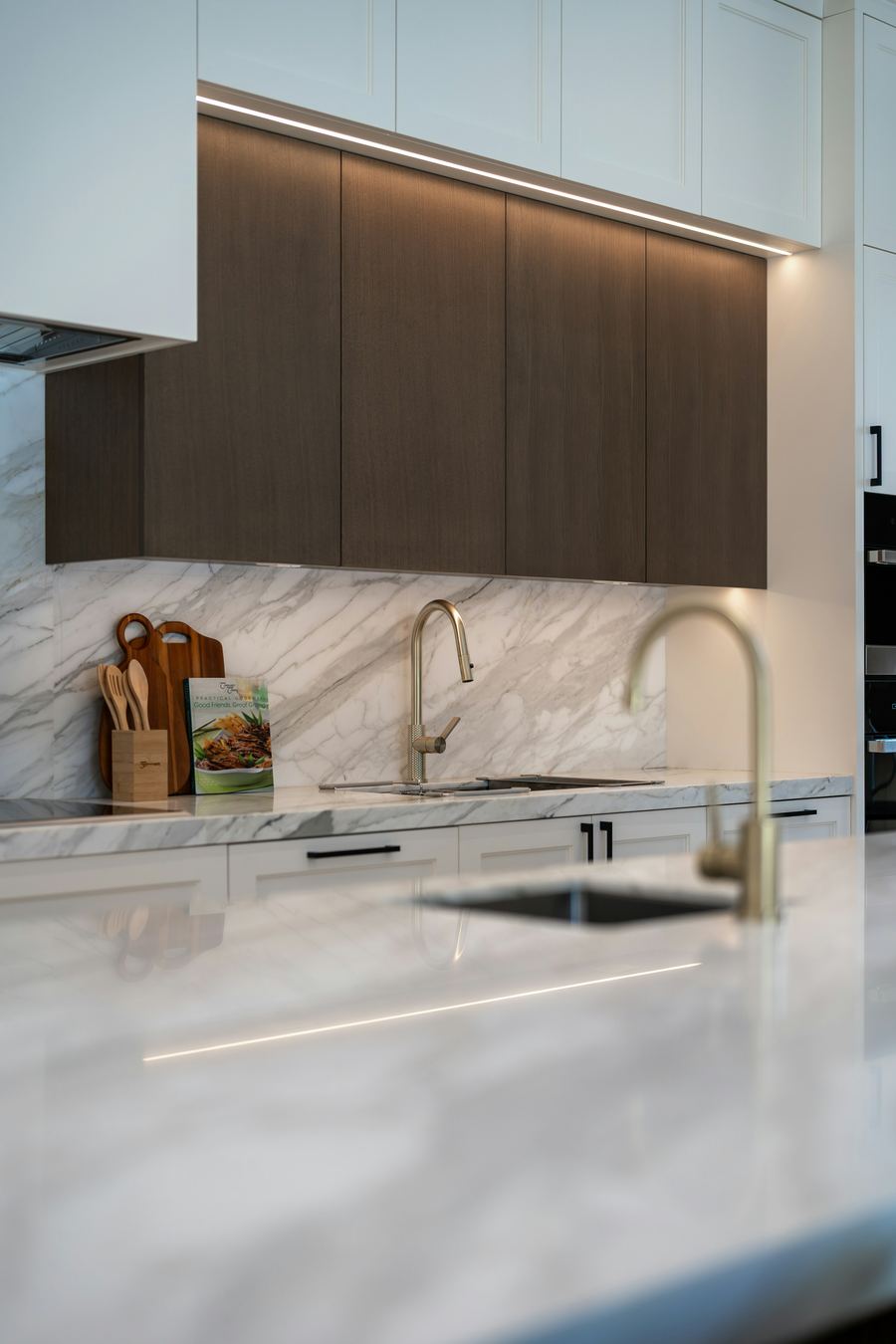 A marble-look countertop and backsplash